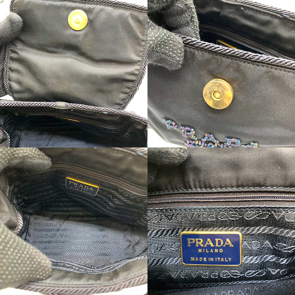 Prada Nylon Mini Shoulder Bag Dark Navy Logo Beads Embroidery