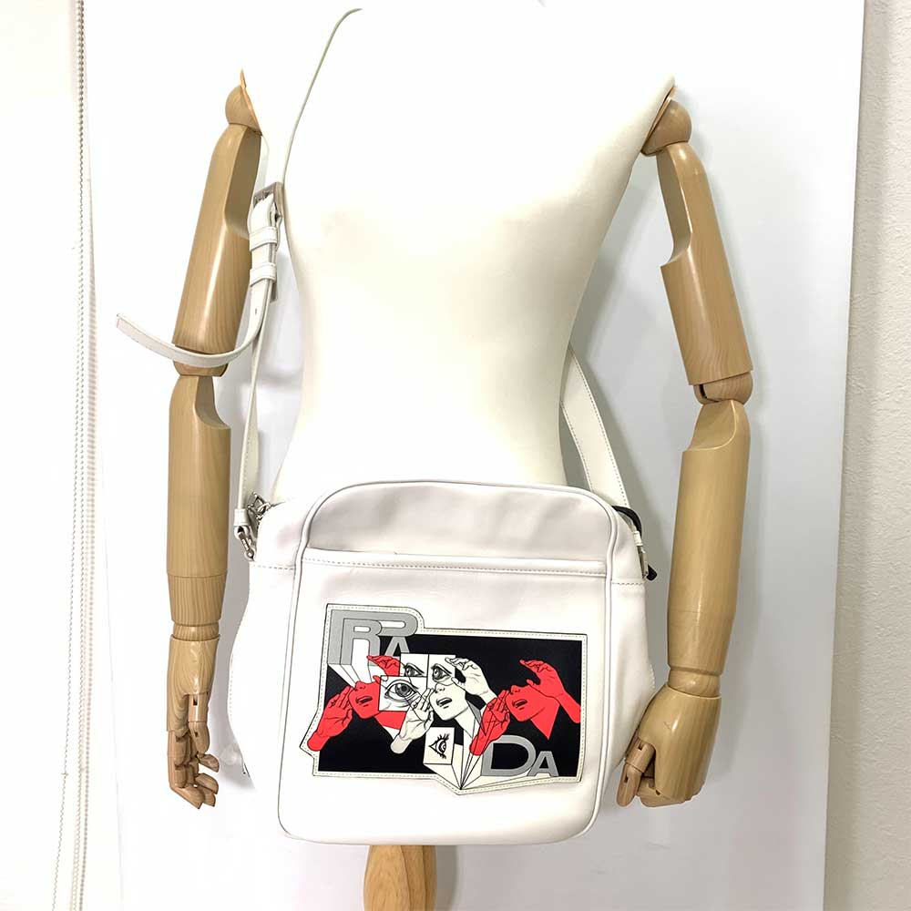 Prada Calf Leather Comic Print Shoulder Bag 2VH031 in Very Good Condition