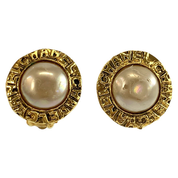 Chanel Round Logo Pearl Clip Earrings