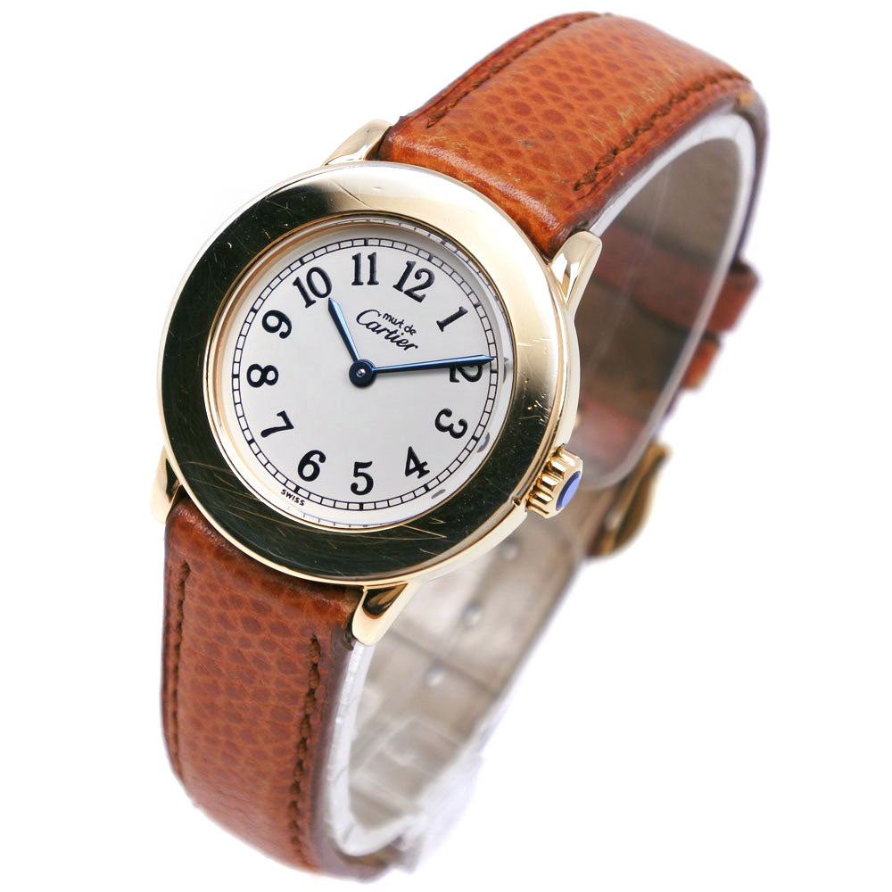 Cartier Mast London Silver 925 & Leather Swiss Women's Brown Quartz Analog Display Beige Dial Wristwatch [Pre-owned]