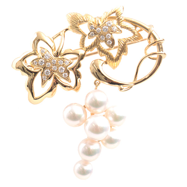 MIKIMOTO K18 Yellow Gold Grape Motif Pearl Diamond Brooch