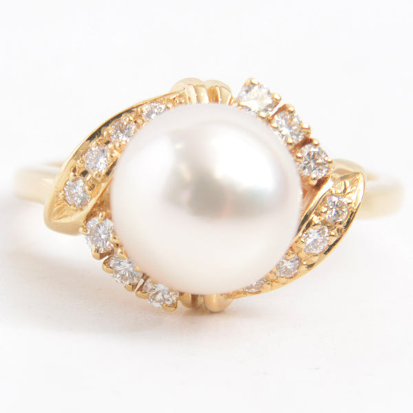 Mikimoto K18 Pearl Diamond Ring 10.5 YG