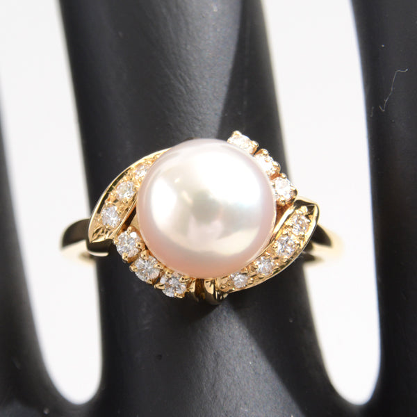 Mikimoto K18 Pearl Diamond Ring 10.5 YG