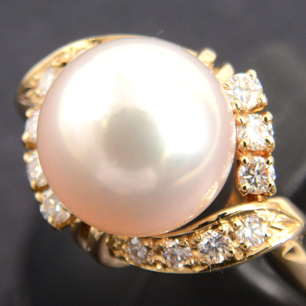 Mikimoto K18 Pearl Diamond Ring 10.5 YG