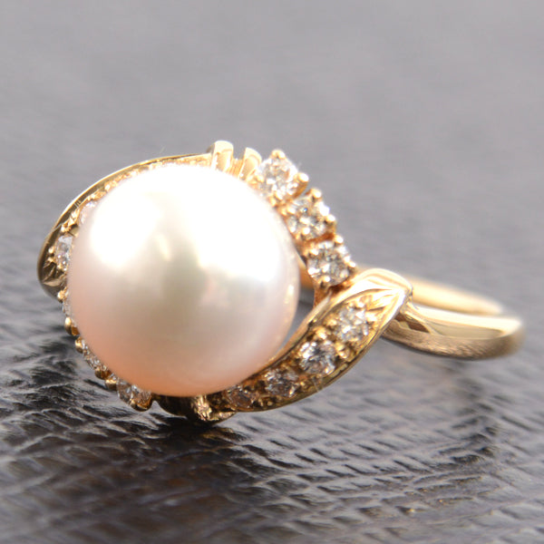 Mikimoto K18 Pearl Diamond Ring 10.5 YG