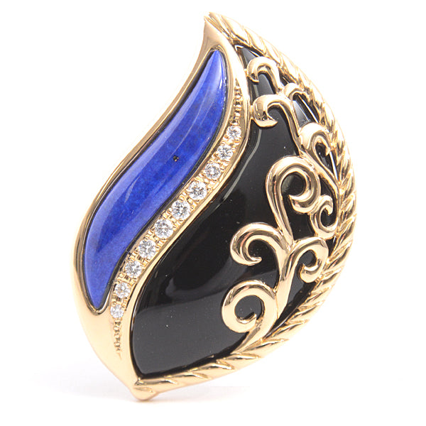 Tasaki K18 Gold Leaf Design Onyx Lapis Diamond Brooch