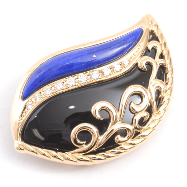 Tasaki K18 Gold Leaf Design Onyx Lapis Diamond Brooch