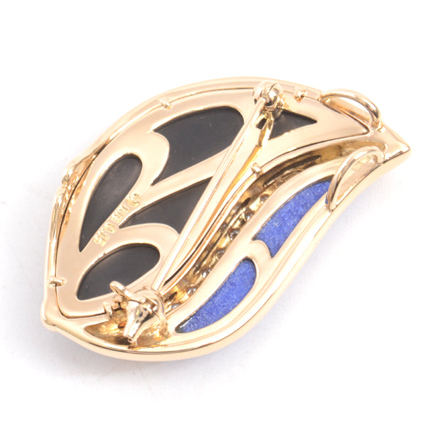 Tasaki K18 Gold Leaf Design Onyx Lapis Diamond Brooch