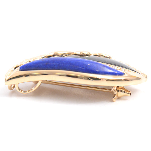 Tasaki K18 Gold Leaf Design Onyx Lapis Diamond Brooch