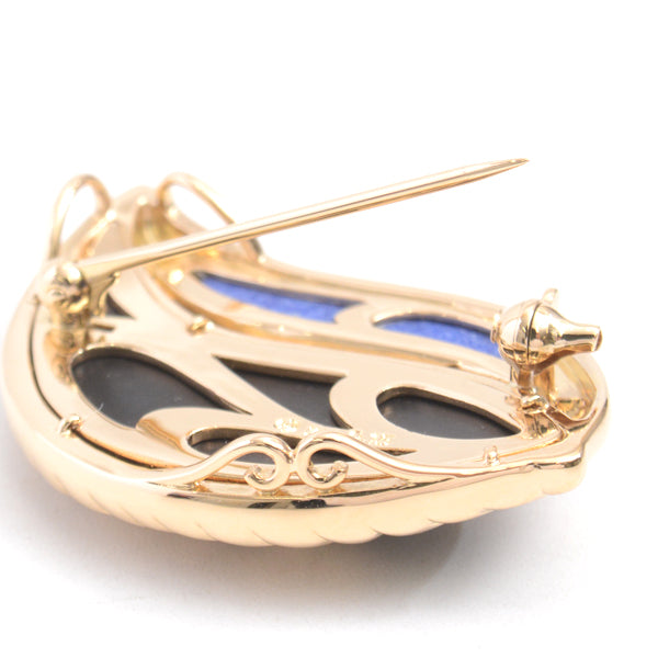 Tasaki K18 Gold Leaf Design Onyx Lapis Diamond Brooch in Great Condition