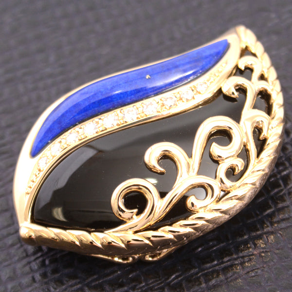 Tasaki K18 Gold Leaf Design Onyx Lapis Diamond Brooch