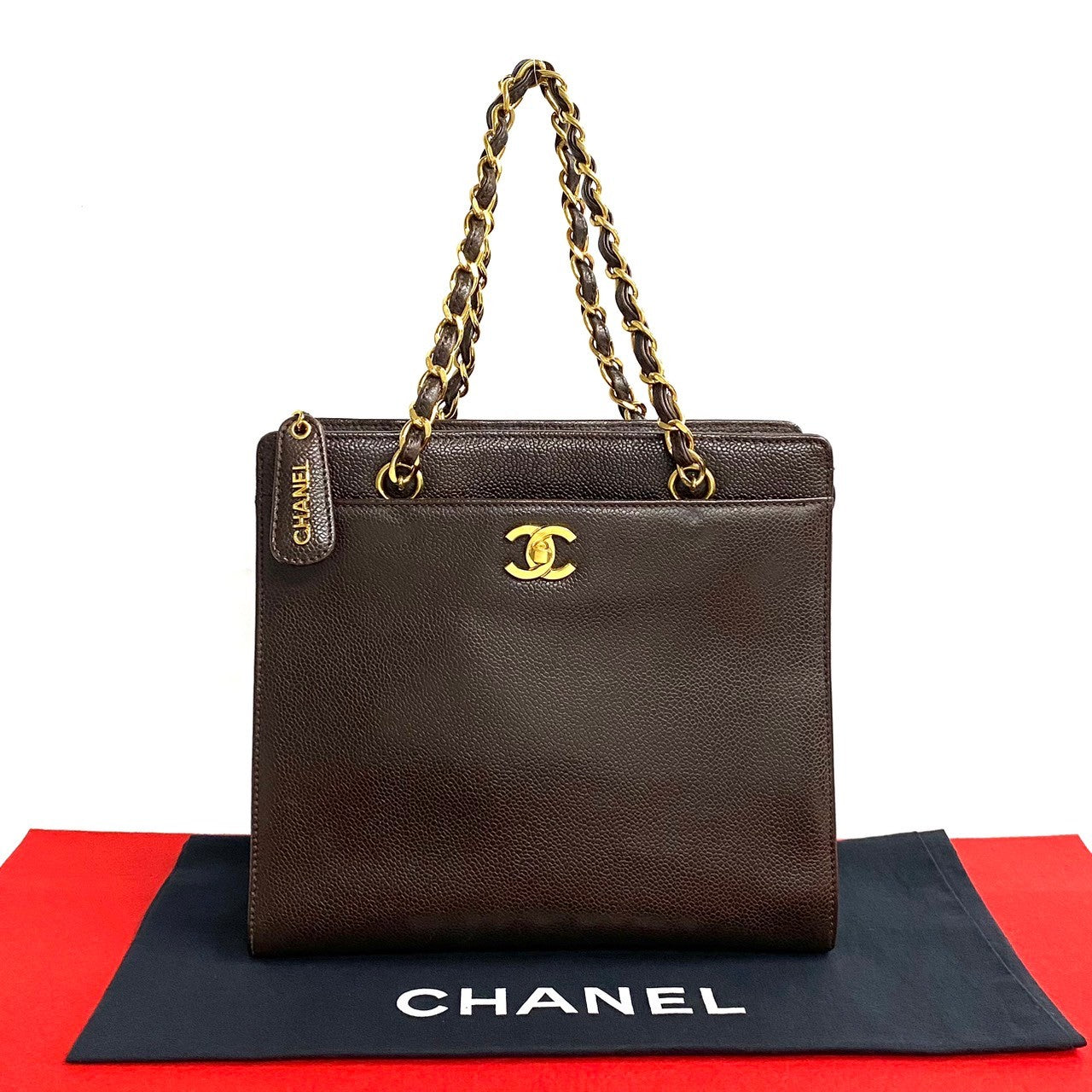 Chanel Vintage Caviar Skin Chain Tote Bag Brown