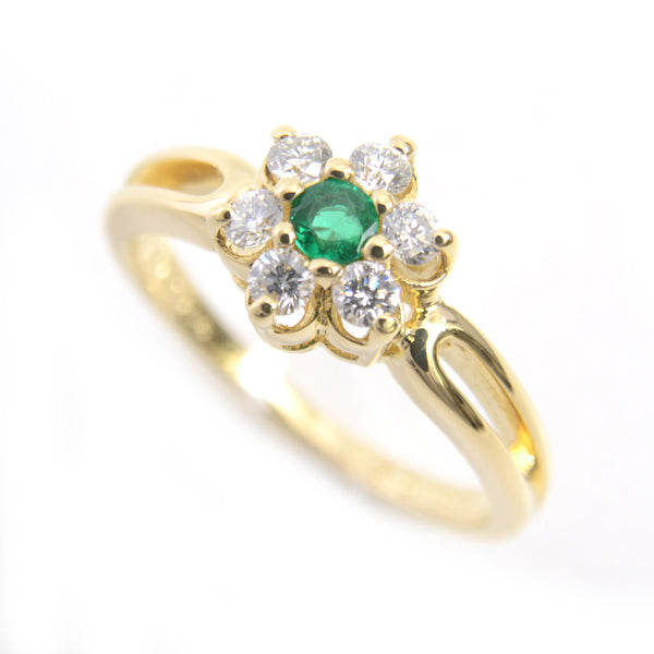 Mikimoto K18YG Emerald Diamond Flower Motif Ring