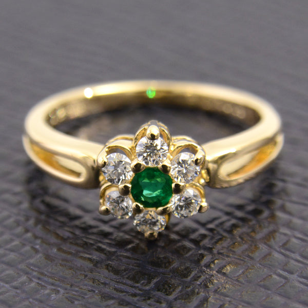 Mikimoto K18YG Emerald Diamond Flower Motif Ring in Great Condition