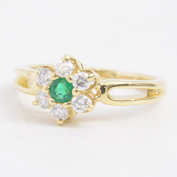 Mikimoto K18YG Emerald Diamond Flower Motif Ring in Great Condition