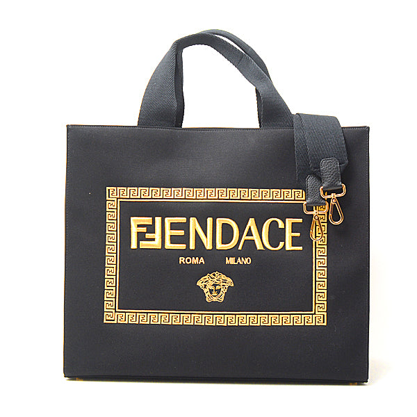 Versace Fendi Collab Canvas Tote Bag Black 7VA558 in Pristine Condition