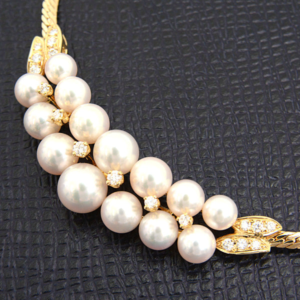 Mikimoto K18 Pearl Diamond Necklace Yellow Gold