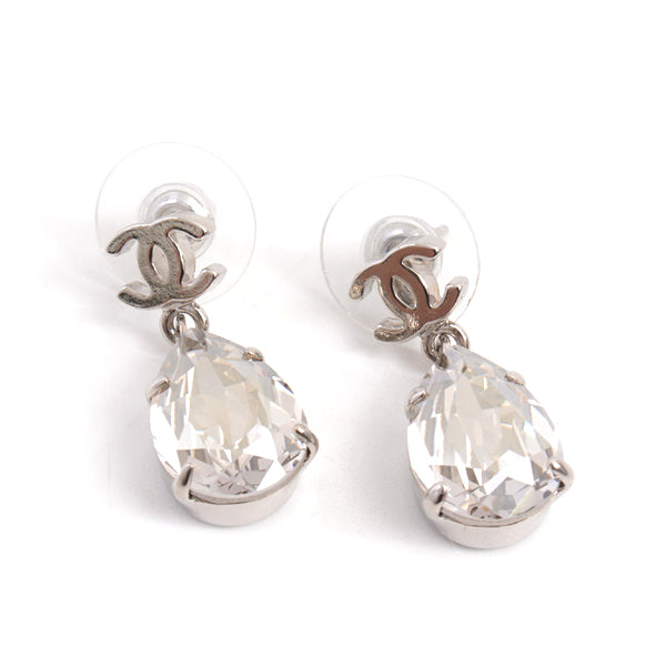 Chanel Brass Clear Stone Coco Mark Drop Earrings in Great Condition