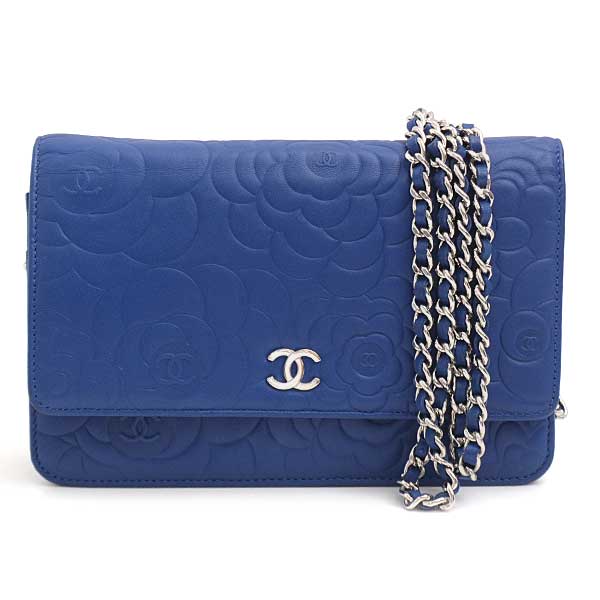 Chanel Camellia Chain Wallet Blue Lambskin Used in Great Condition