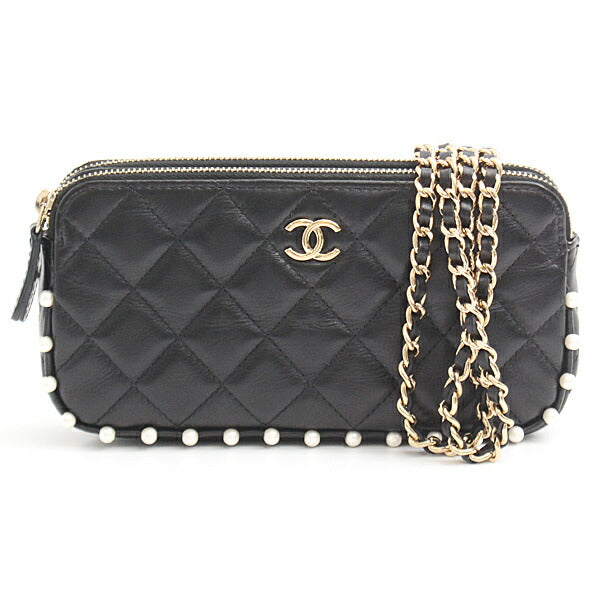 Chanel Matelasse Pearl Chain Wallet Shoulder Bag Black in Great Condition