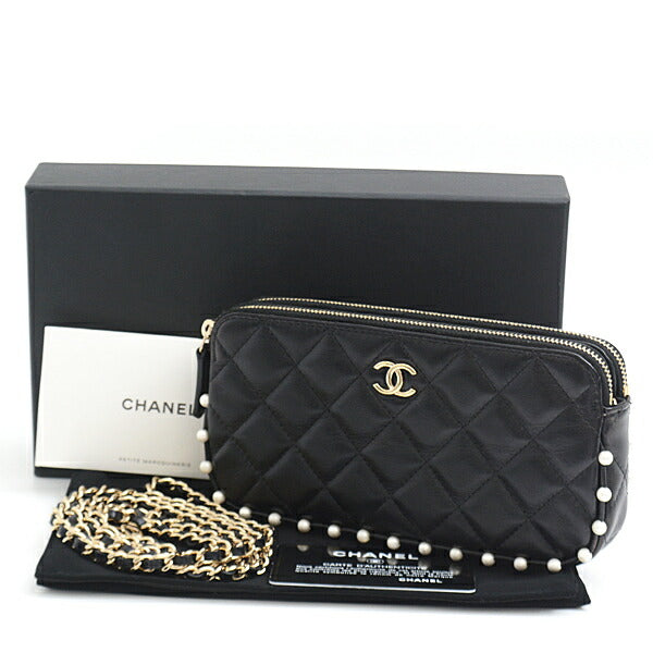 Chanel Matelasse Pearl Chain Wallet Shoulder Bag Black in Great Condition