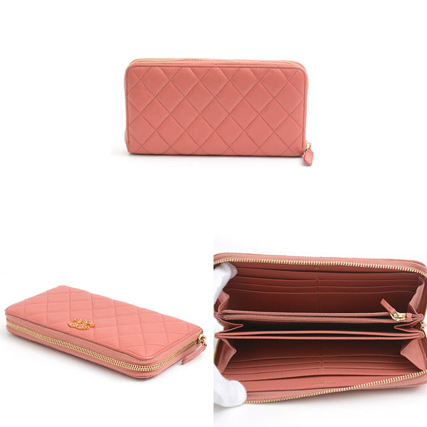 Chanel Matelasse CHANEL19 Lambskin Long Wallet Pink Brown