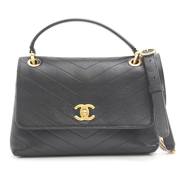 Chanel Chevron V-Stitch 2WAY Handbag Black