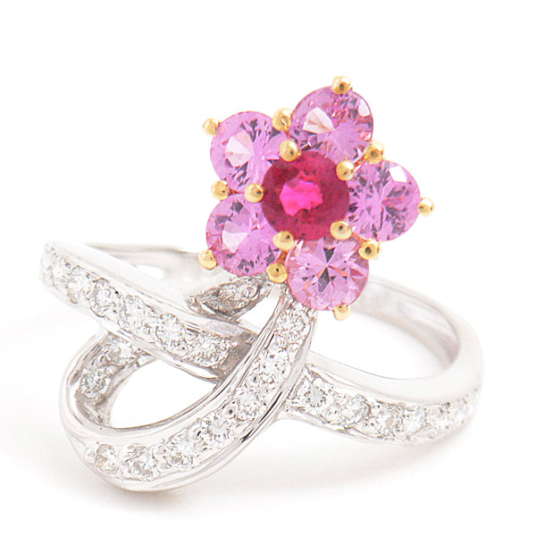 Ponte Vecchio Flower Motif Ruby Pink Sapphire Diamond Ring 750YG×WG in Great Condition