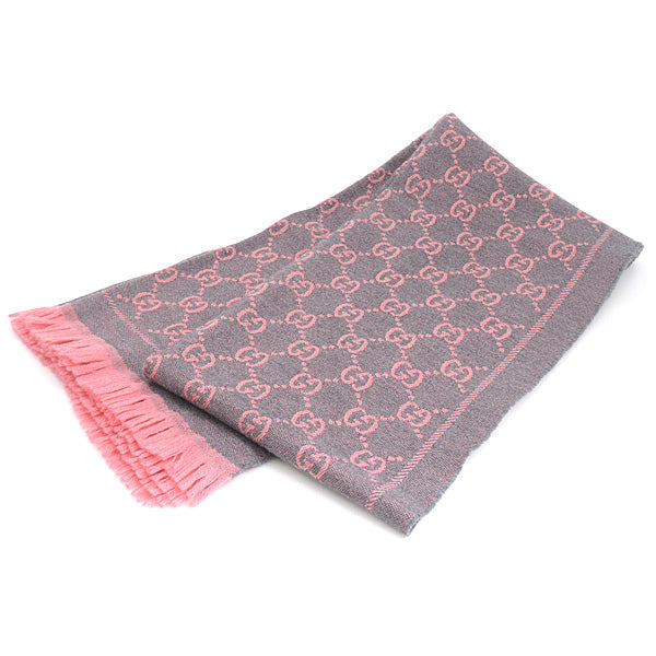 Gucci Wool GG Pattern Scarf Stole Pink Gray in Great Condition