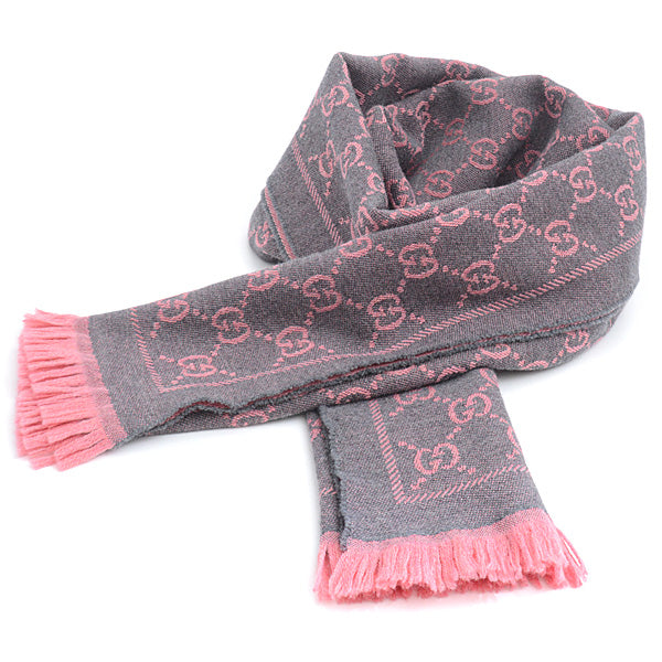 Gucci Wool GG Pattern Scarf Stole Pink Gray in Great Condition