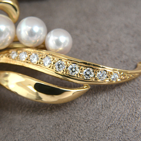 Mikimoto K18 Pearl Diamond Brooch Yellow Gold