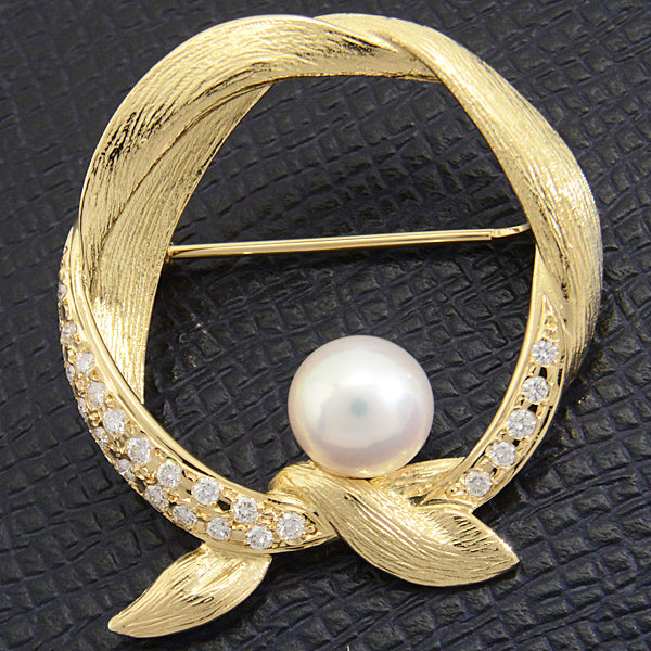 Mikimoto K18 Pearl Diamond Wreath Design Brooch in Great Condition