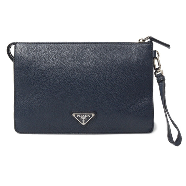 Prada Calf Leather Clutch Bag Navy in Very Good Condition