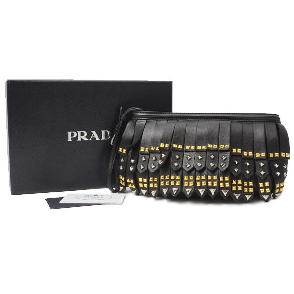 Prada Nappa Leather Studded Fringe Wrist Clutch Bag 1N1735