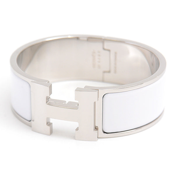 Hermes Click Clack GM Bangle Bracelet White Silver