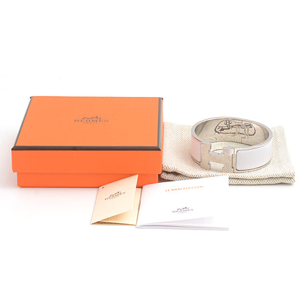 Hermes Click Clack GM Bangle Bracelet White Silver