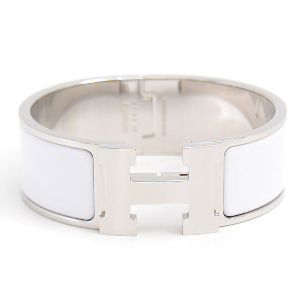 Hermes Click Clack GM Bangle Bracelet White Silver