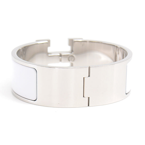 Hermes Click Clack GM Bangle Bracelet White Silver