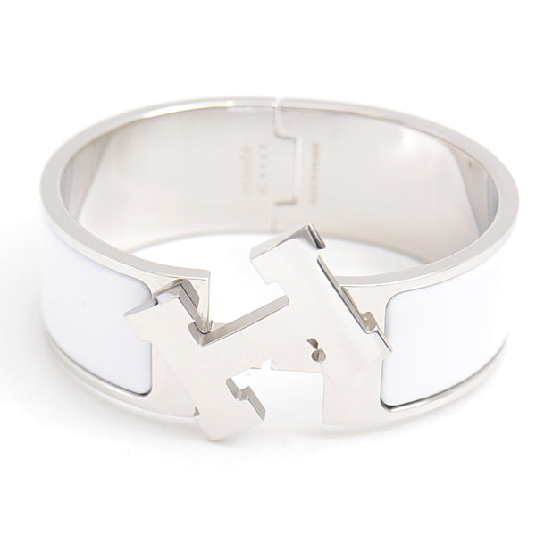 Hermes Click Clack GM Bangle Bracelet White Silver