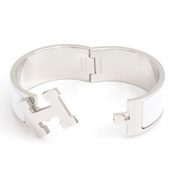 Hermes Click Clack GM Bangle Bracelet White Silver