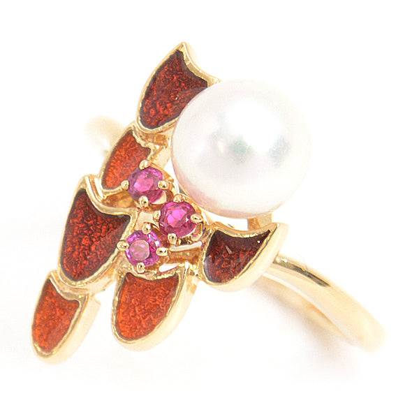 Mikimoto K18 Pearl Ruby Enamel Ring in Great Condition