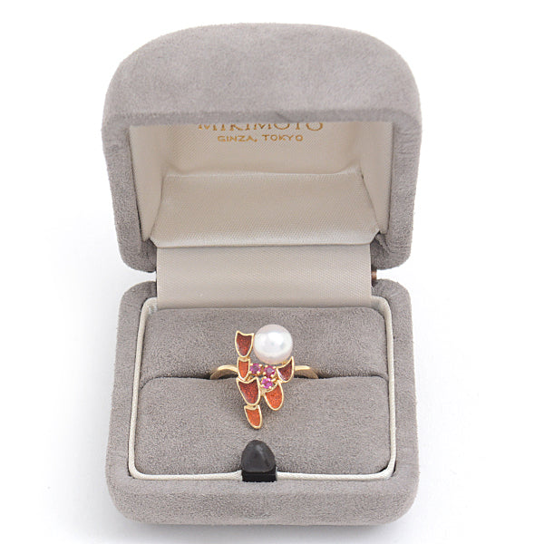 Mikimoto K18 Pearl Ruby Enamel Ring in Great Condition