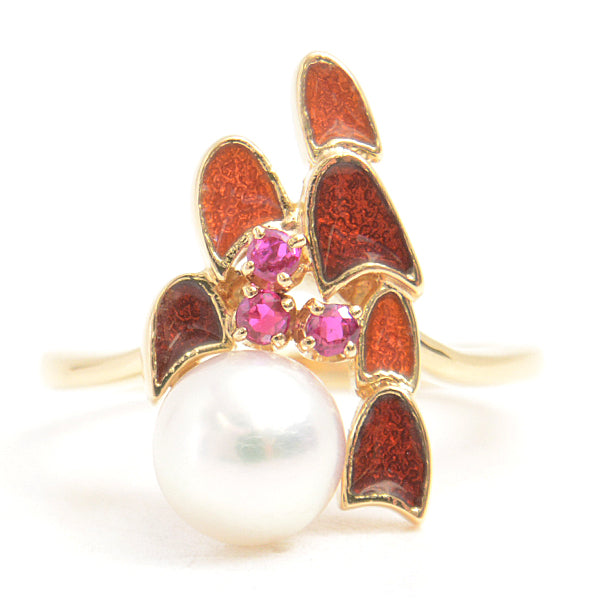 Mikimoto K18 Pearl Ruby Enamel Ring in Great Condition