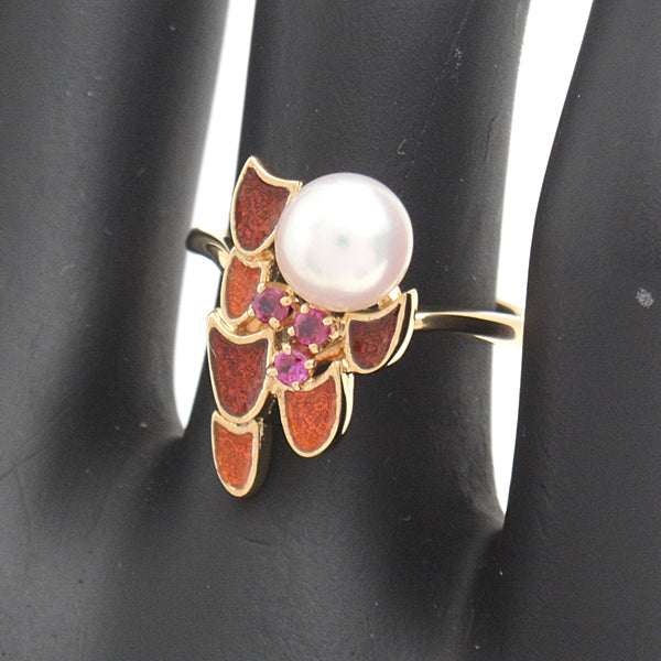 Mikimoto K18 Pearl Ruby Enamel Ring in Great Condition