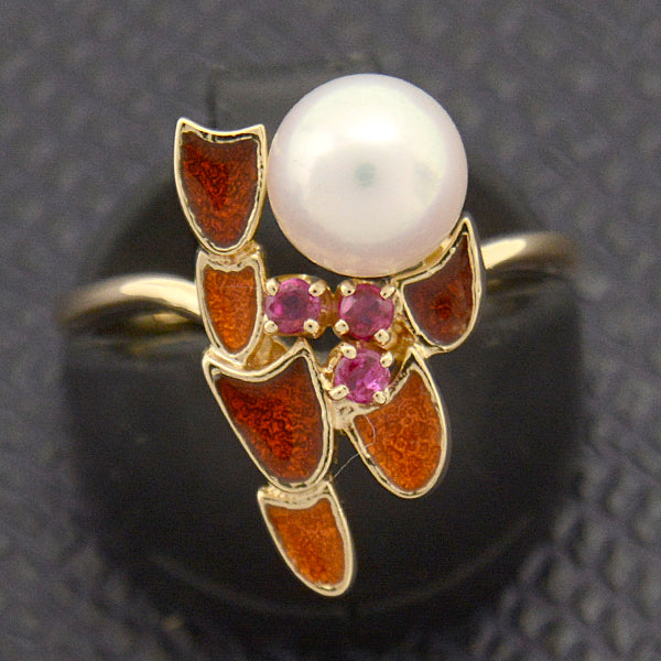 Mikimoto K18 Pearl Ruby Enamel Ring in Great Condition