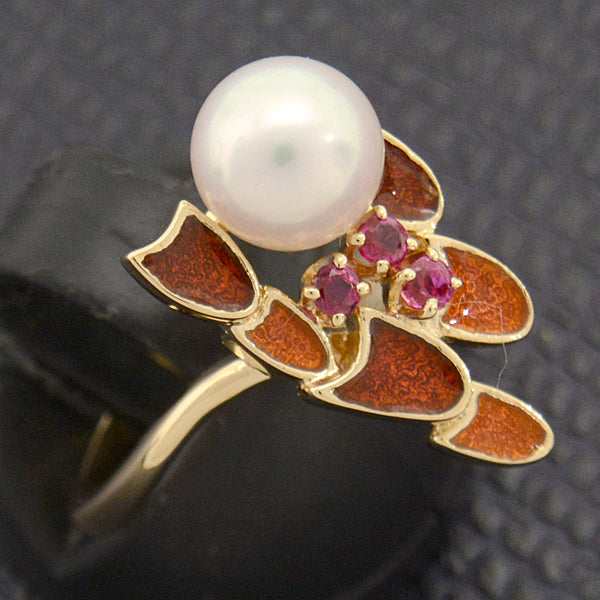 Mikimoto K18 Pearl Ruby Enamel Ring in Great Condition