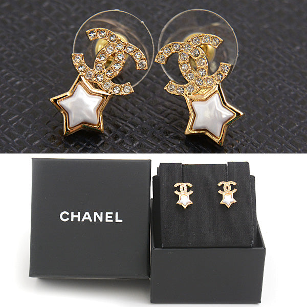 Chanel Star Rhinestone Earrings Gold White