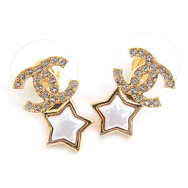 Chanel Star Rhinestone Earrings Gold White