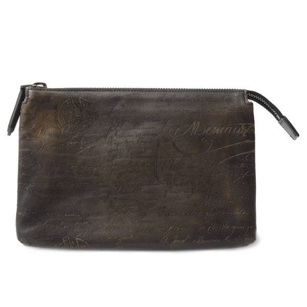 Berluti Men's Calligraphy Tersio Double Zipper Clutch Bag Brown in Very Good Condition