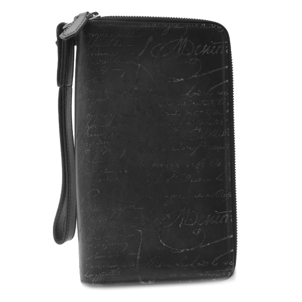 Berluti Men's Calf Leather Calligraphy Double Zipper Travel Wallet